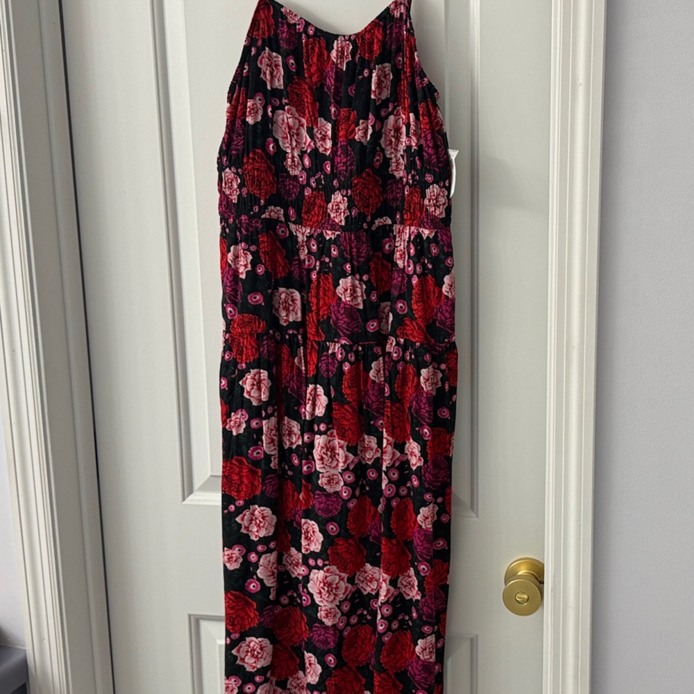 Old Navy Black Floral Dress with Red and Pink Accents